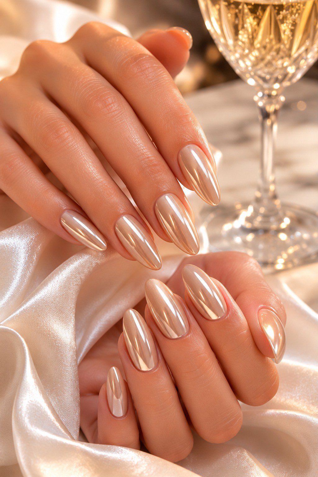 Nude Chrome Nails with a Champagne Glass Glow - chrome nail designs for women over 60