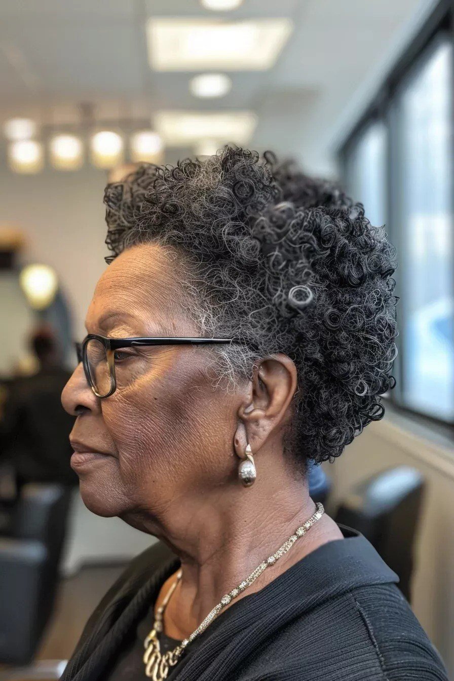 Dark salt-and-pepper curly bob side view, Black woman - curly hairstyle for women over 60