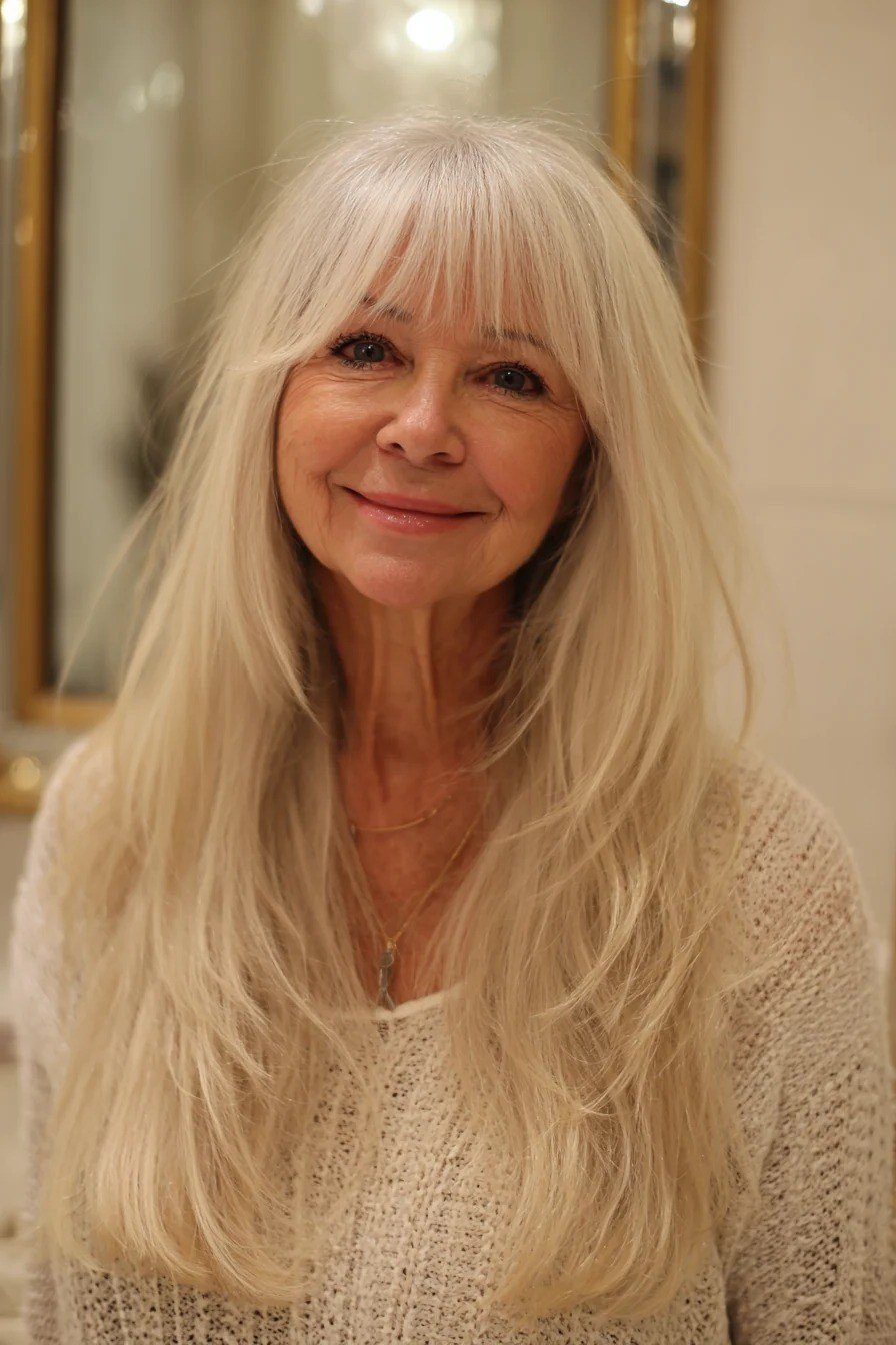 Extremely long straight blonde hair with bangs for women over 50