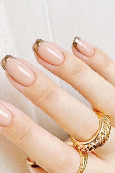 Jewelry-Ready Gold - micro french manicure with ultra-thin tip line, elegant nail design for women over 50