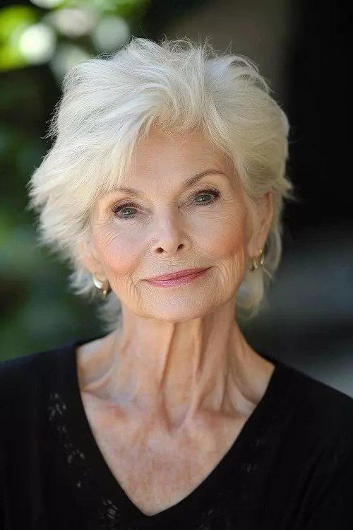 white layered bob, front view, older woman — chin-length layered bob hairstyle for women over 50