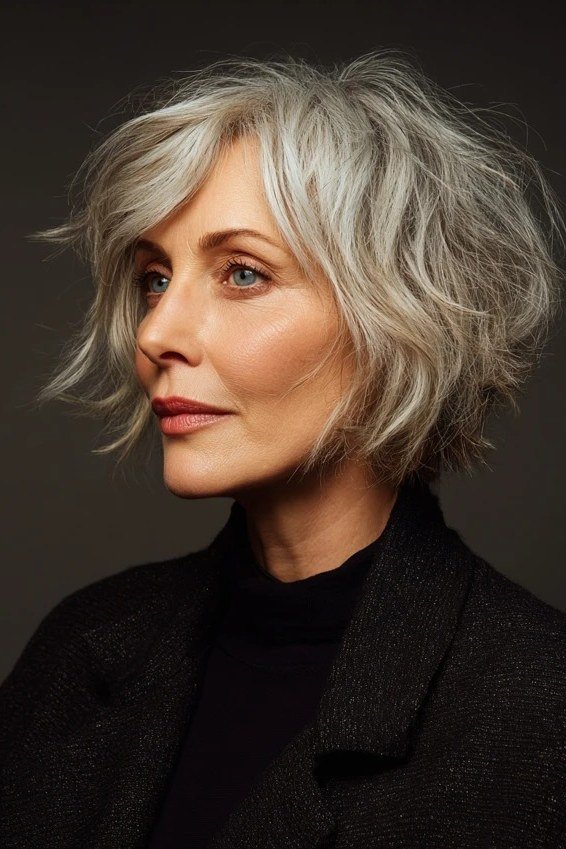 silver textured bob deep side part layered - textured bob haircut idea for women over 60