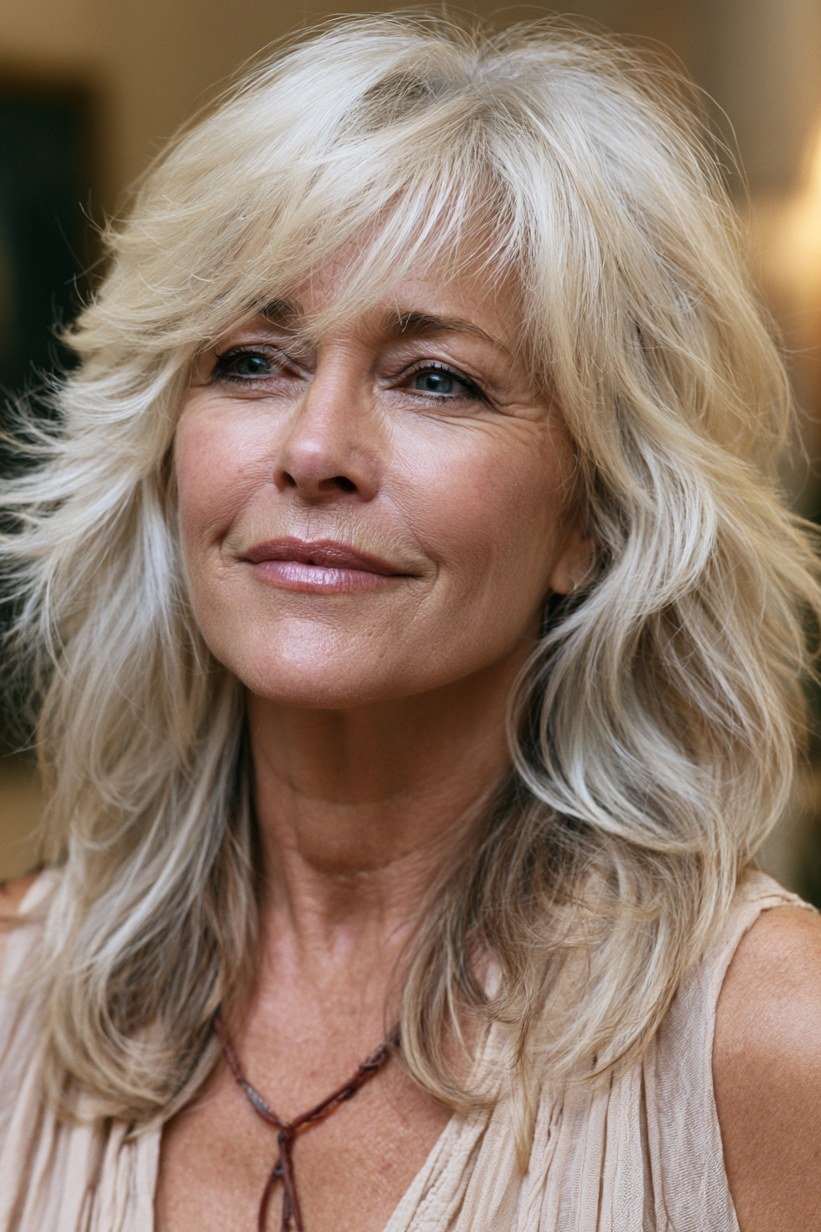 Silver-Blonde Wavy Butterfly Cut - butterfly cut hairstyle for women over 60