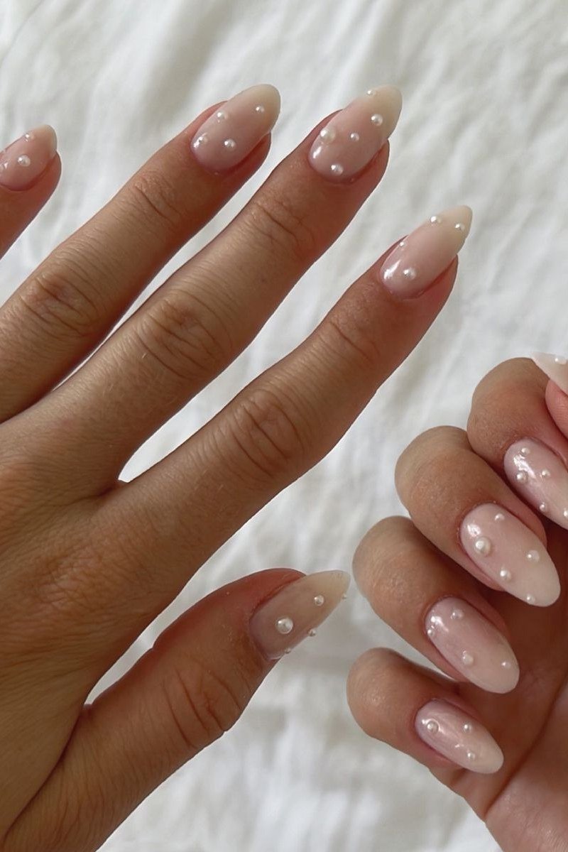 Short Nude Pearl Nails with Dots - pearl finish nail idea for women over 60