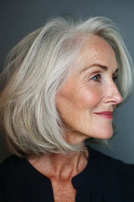 Silver Soft-Wave Shoulder Lob - medium hairstyle for women over 60