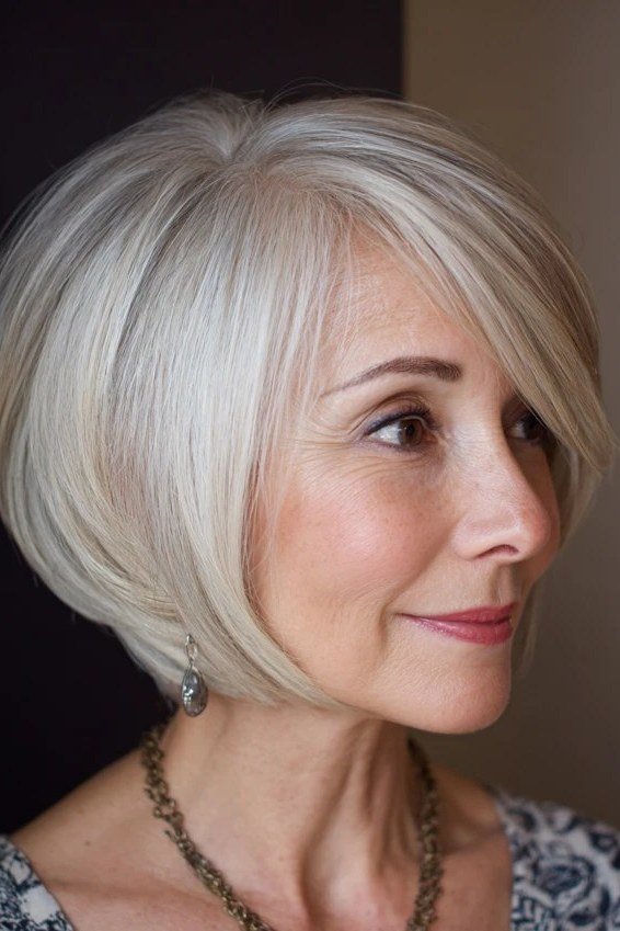 Chin-Length Silver Bob hairstyle for women over 60