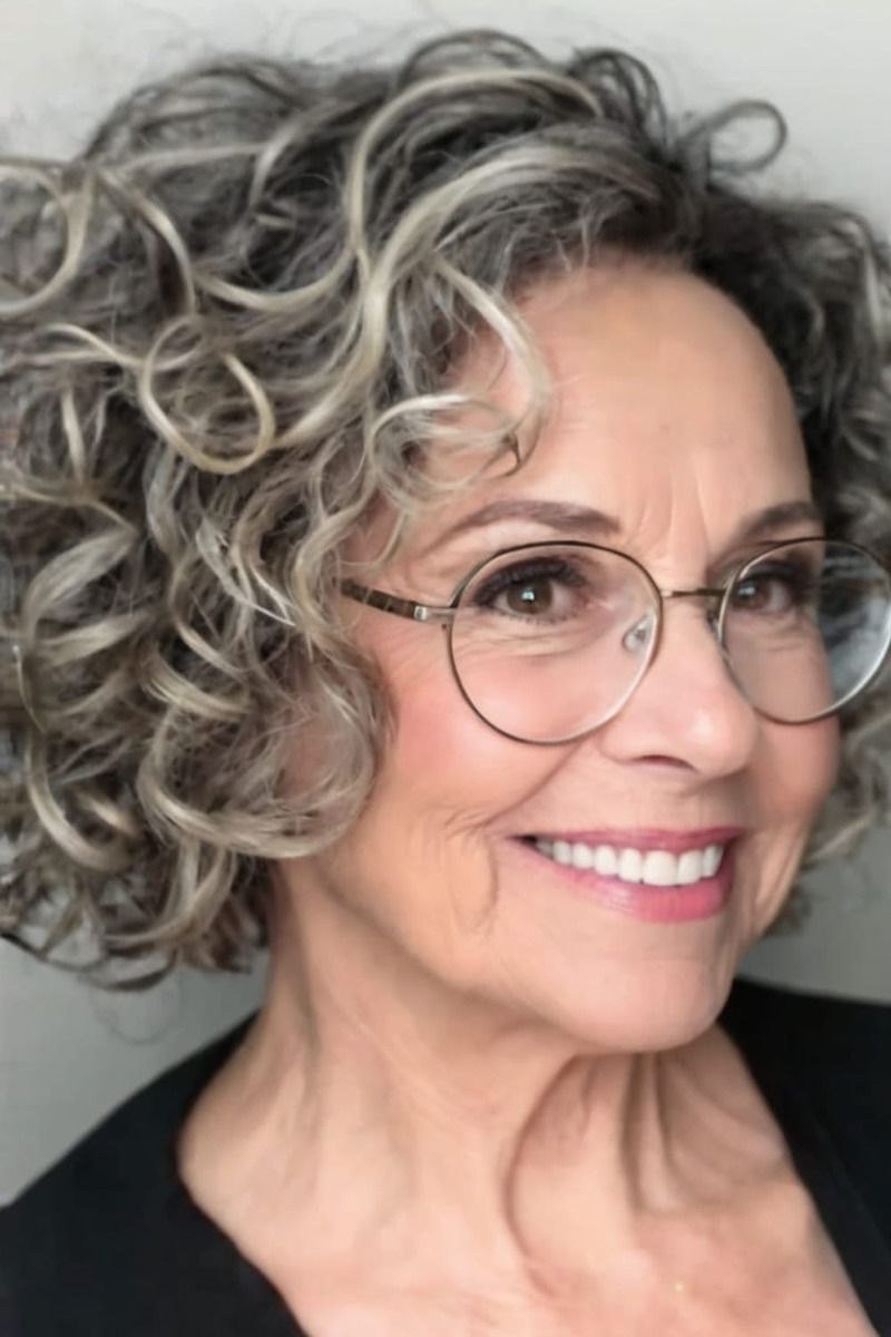 Salt-and-pepper curly lob with glasses on smiling older woman
