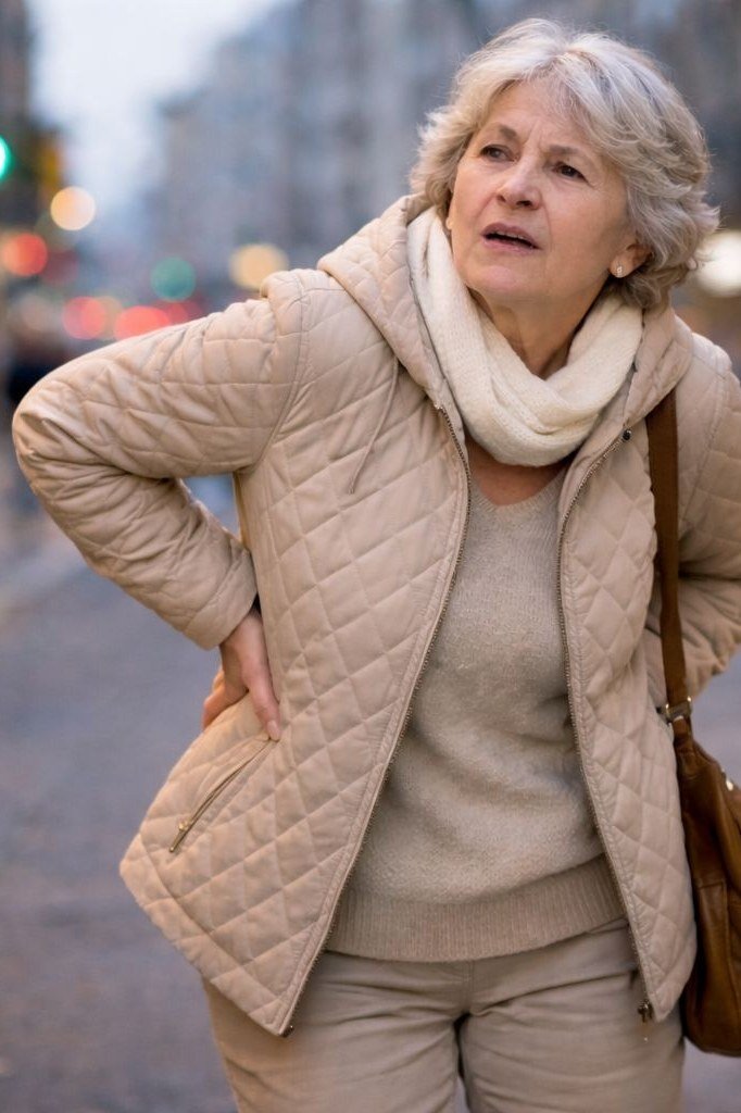 Tan quilted jacket outfit for women over 60