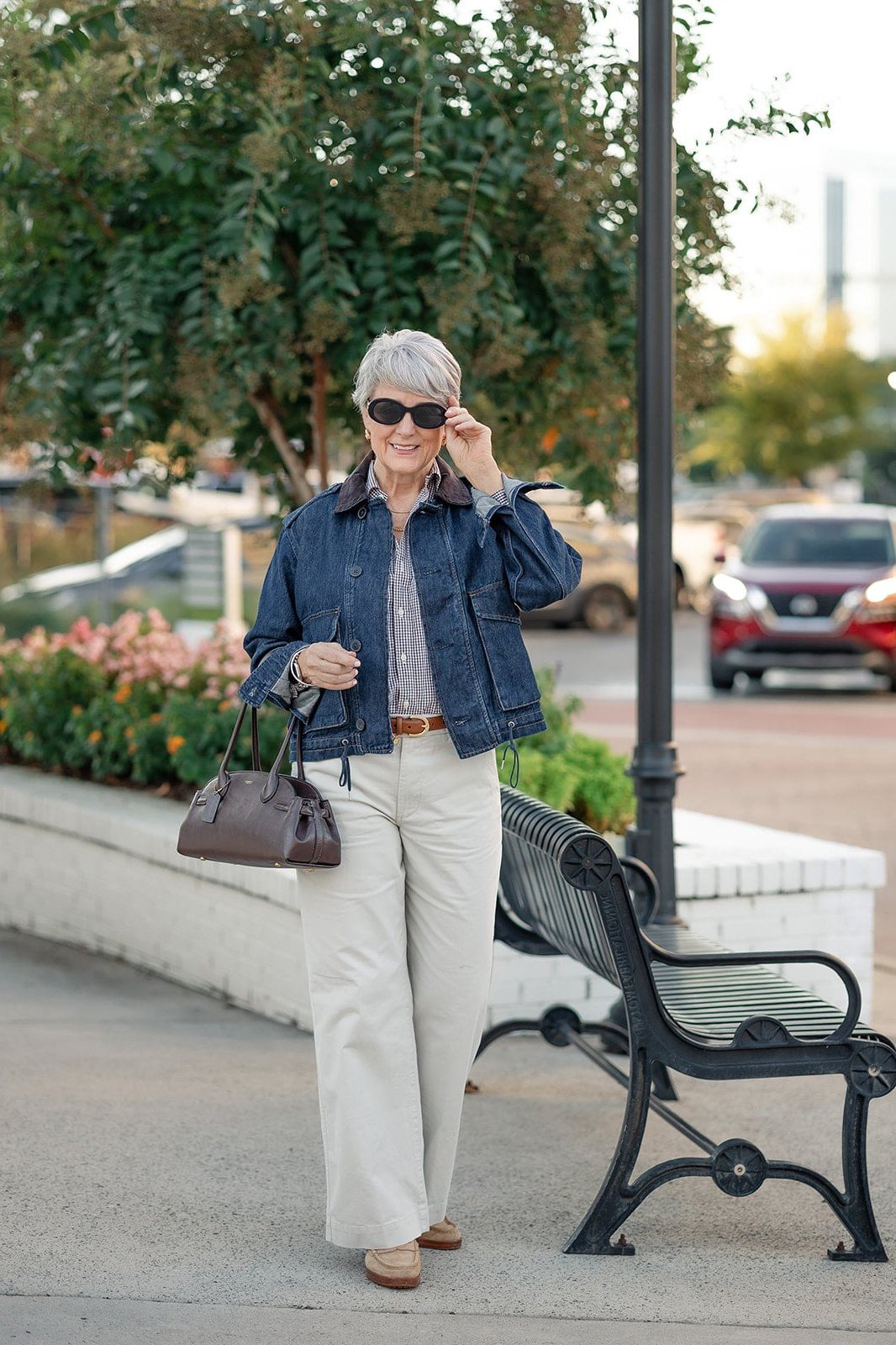 Denim Jacket with White Wide-Leg Pants on a woman over 50, fall outfit idea