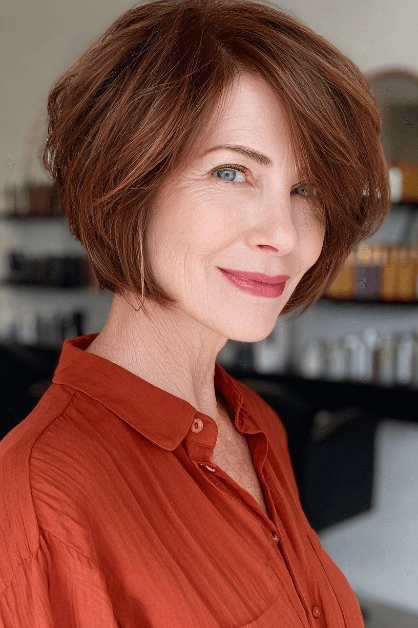 Warm auburn layered bob for senior women