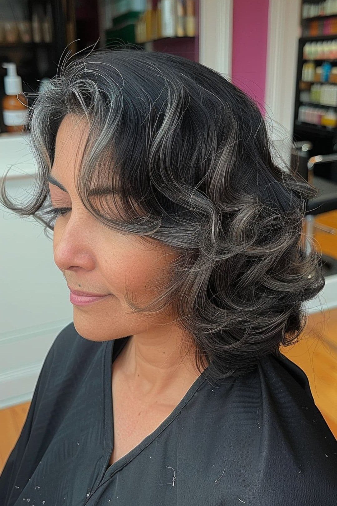 Layered Dark Grey Wavy Bob - short wavy bob hairstyle for women over 60