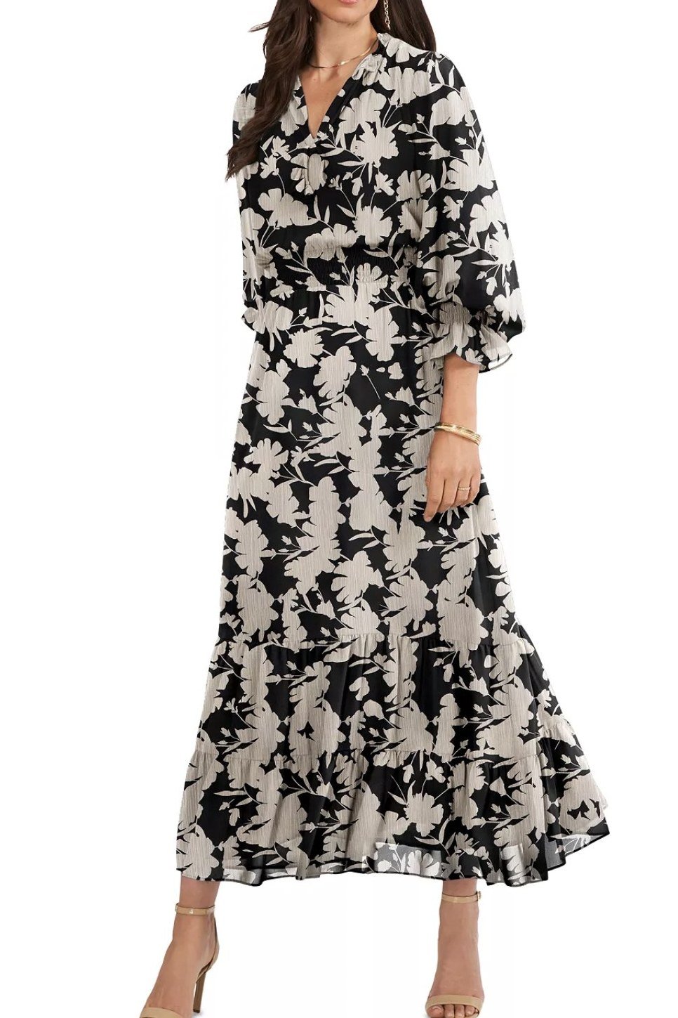Black maxi dress with white floral print for women over 60