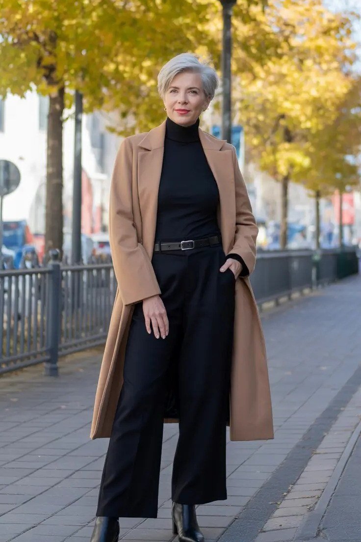 Camel midi coat with a black top and trousers for women over 50 at work