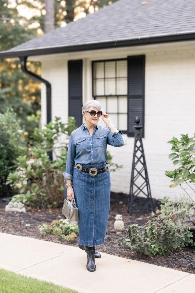 denim shirt with denim midi skirt, casual denim outfit for women over 50