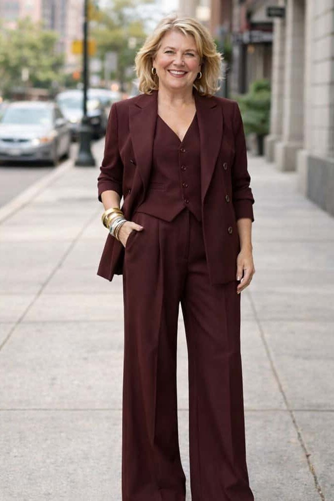 burgundy blazer suit women over 50