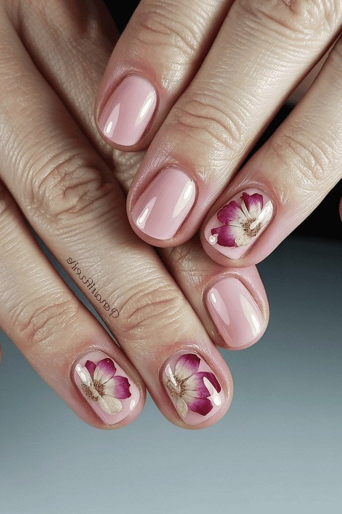 Soft Pink Nails with Pressed Flower Art for women over 60