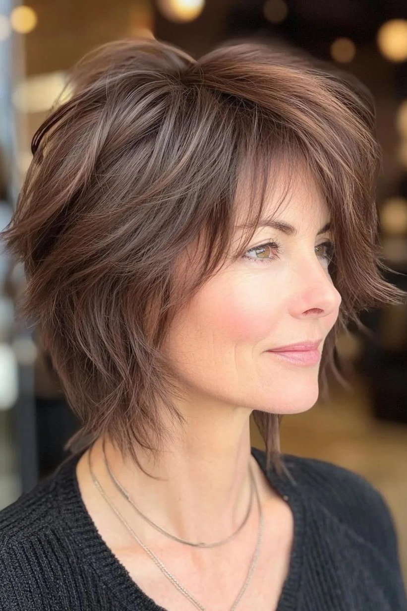 Chocolate brown shaggy bob haircut side view over 60