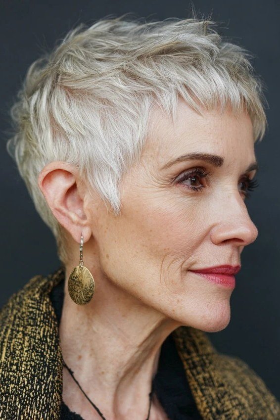 4. Short Gray Pixie - wash and wear hairstyle for older women