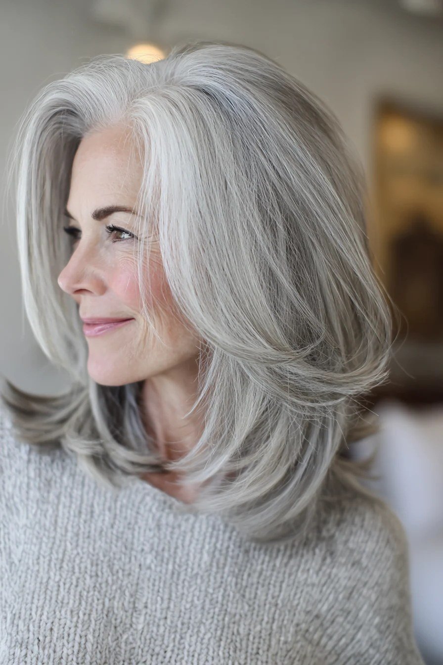 Sleek silver layered medium-length hairstyle with smooth finish, side view, for women over 50