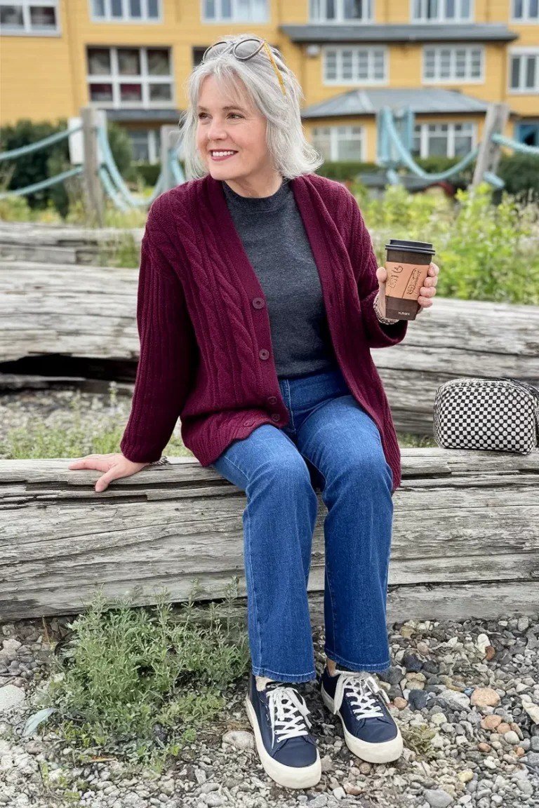 Burgundy Cardigan with Sneakers - fall outfit idea for women over 50