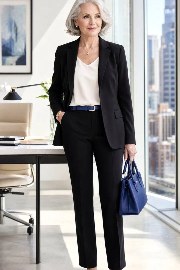 Black Suit with Cobalt Blue Handbag - business outfit for women over 50