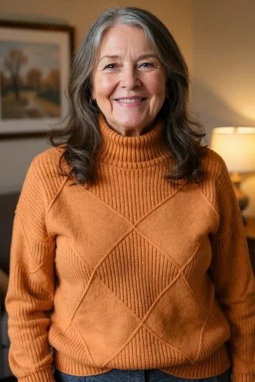 Burnt-orange diamond-pattern turtleneck sweater in living room, cozy sweater outfit idea for women over 70