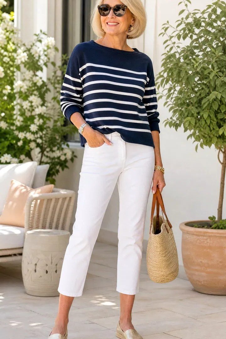 Woman over 50 wearing Navy and white striped top with white capri pants and straw tote on a patio.