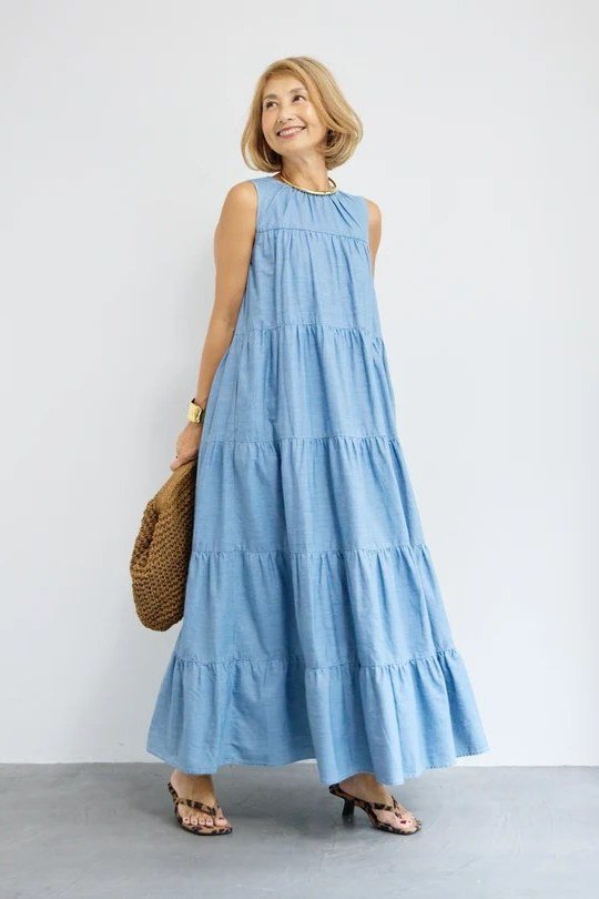 Periwinkle Blue Tiered Sleeveless Maxi summer outfit idea for women over 60