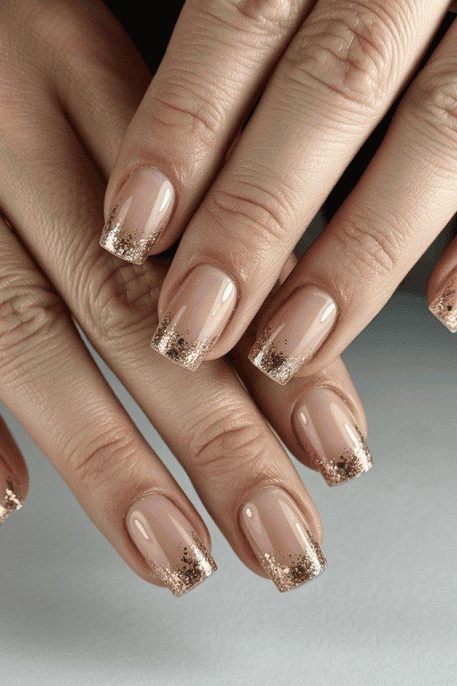 nude nails with gold shimmer tips for older women
