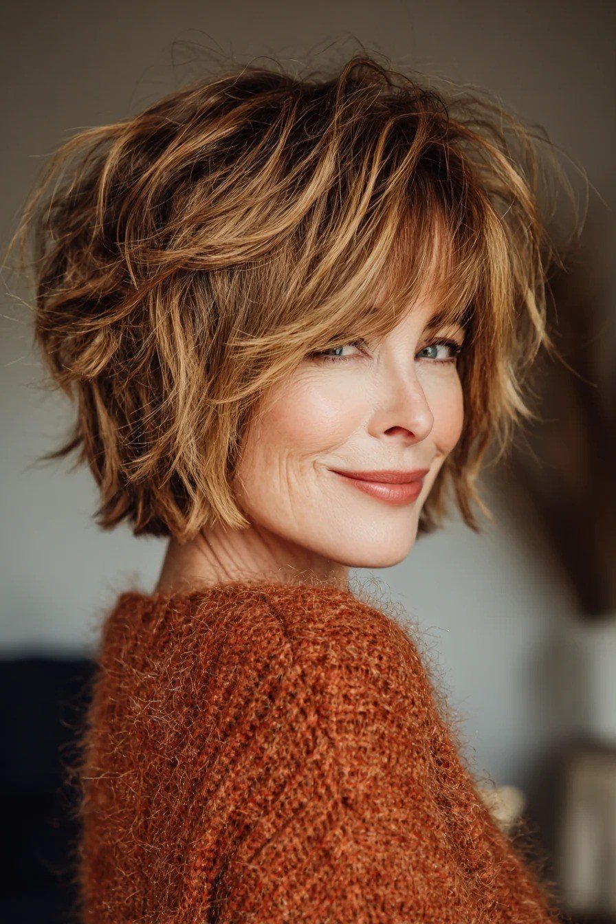 Auburn choppy shag bob with bangs for women over 60