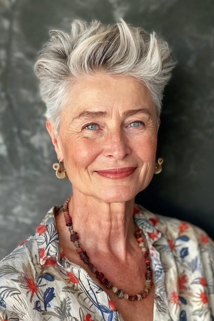 Silver textured crop, front view, smiling, classic hairstyle for women over 70