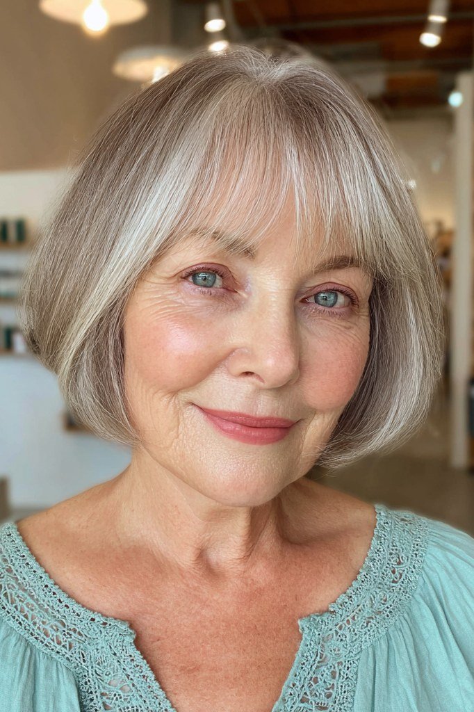 Silver-white french bob with soft bangs and mint top