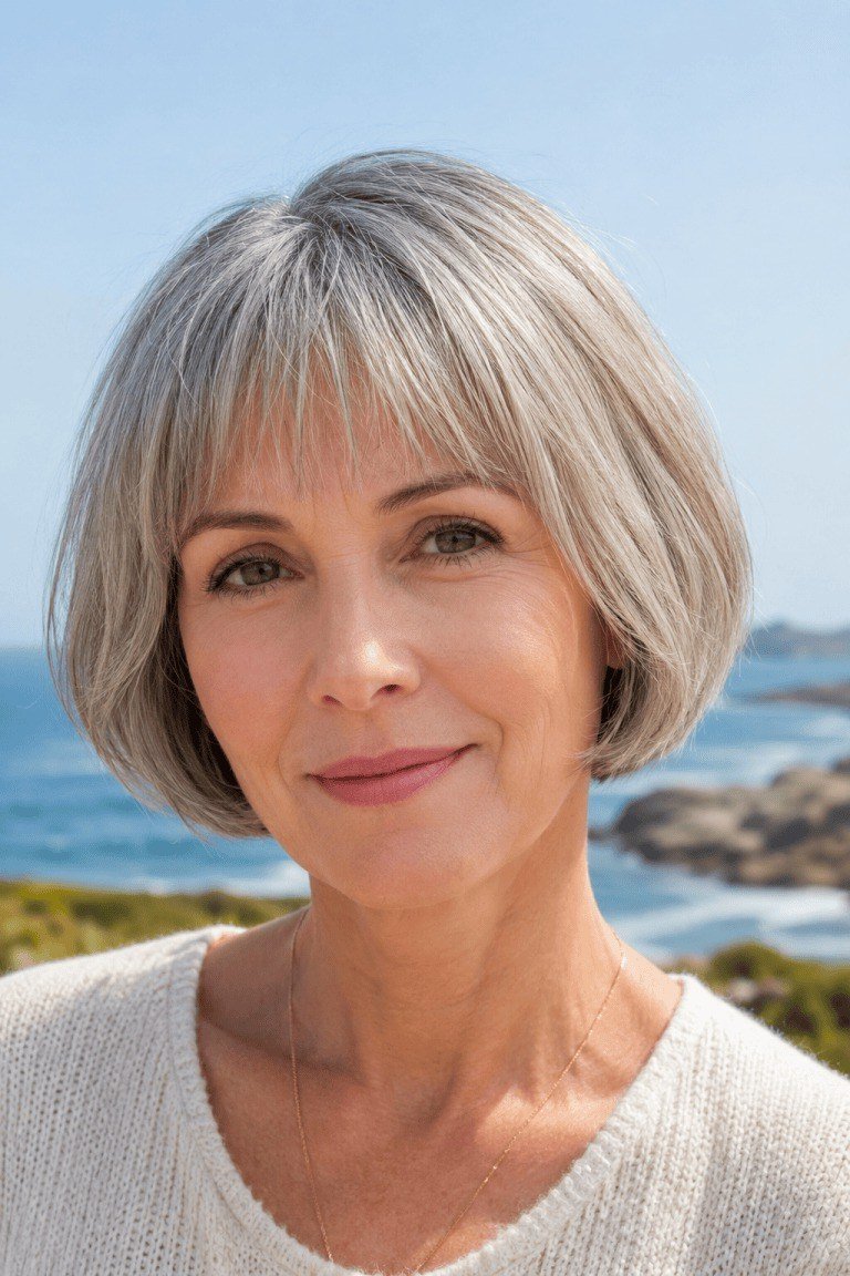 Silver Bob with Bangs - grey shoulder length hairstyle for women over 60