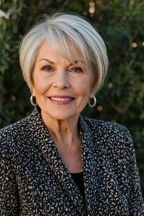 Silver bob haircut with full fringe for women over 60