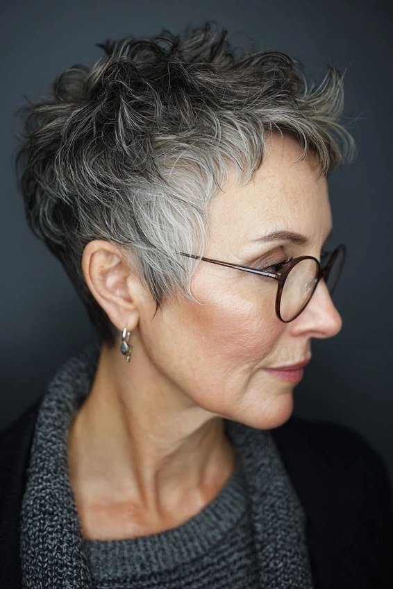 Silver textured pixie, side view with glasses for women over 60