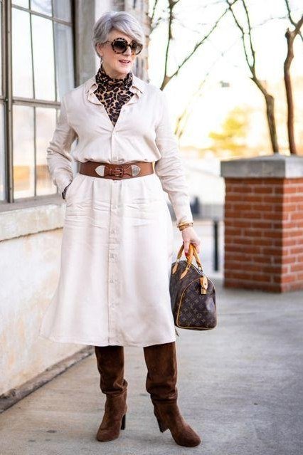 white shirt dress with brown belt and boots for women over 60
