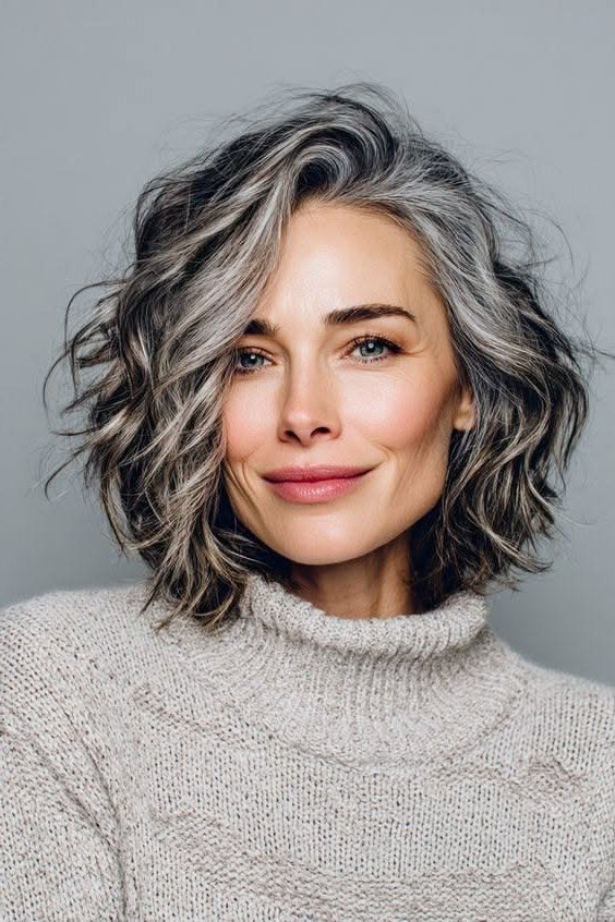 Salt and pepper curly lob haircut for women over 60