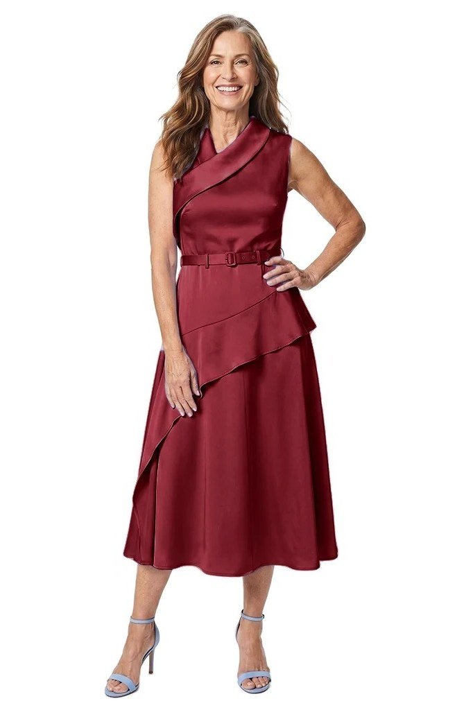 Wine-red ruffle-tier maxi dress for women over 50, fall date night outfit