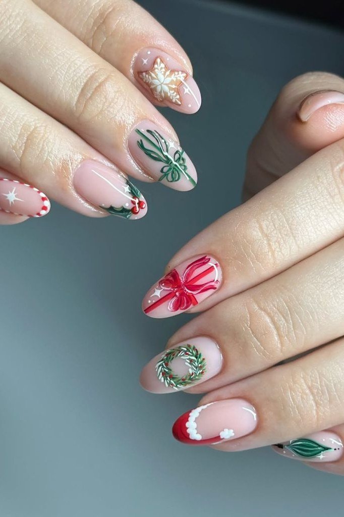 Nude almond with tiny red/green Christmas accents - Christmas nail design for older women