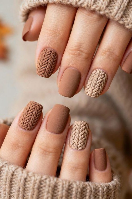 Matte taupe nails with cable-knit accent nail, fall nail design for older women