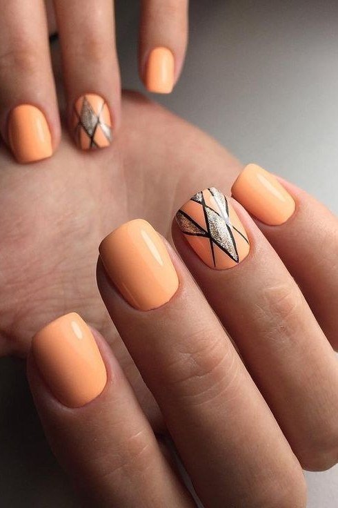 Peach ombre with black geometric line art accent, medium nails, ombre nail design for women over 60