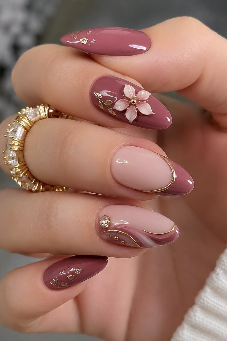 Mauve Almond Nails with Gold French Outlines, elegant mauve nail idea for women over 60