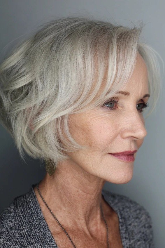 Silver Flippy Feathered Shag - shaggy bob haircut for women over 60