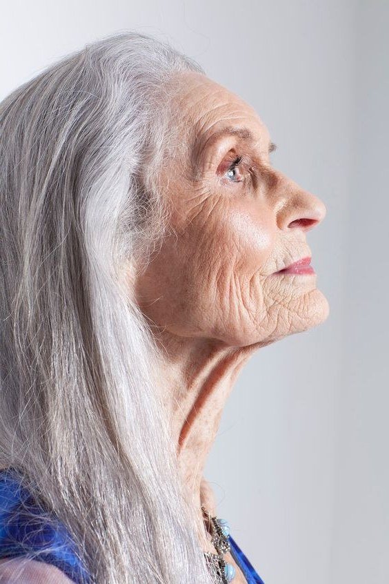 classic short silver bob haircut, front side view