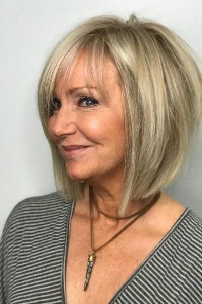 Blonde layered lob, side view, woman in her 60s