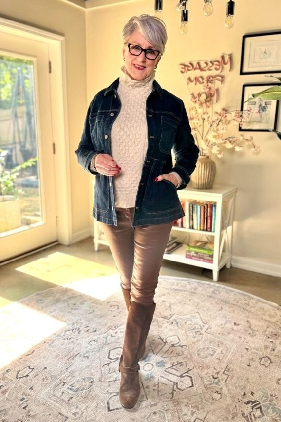 Denim Jacket With Brown Wide Trousers - flattering outfit idea for women over 50, how to dress better over 50