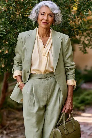 Sage green blazer with matching wide-leg trousers for women over 50