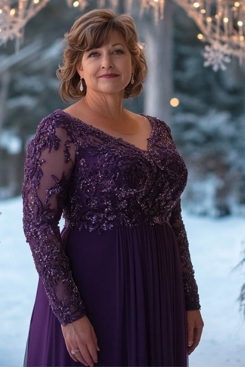 plum purple lace bodice gown church outfit for women over 60