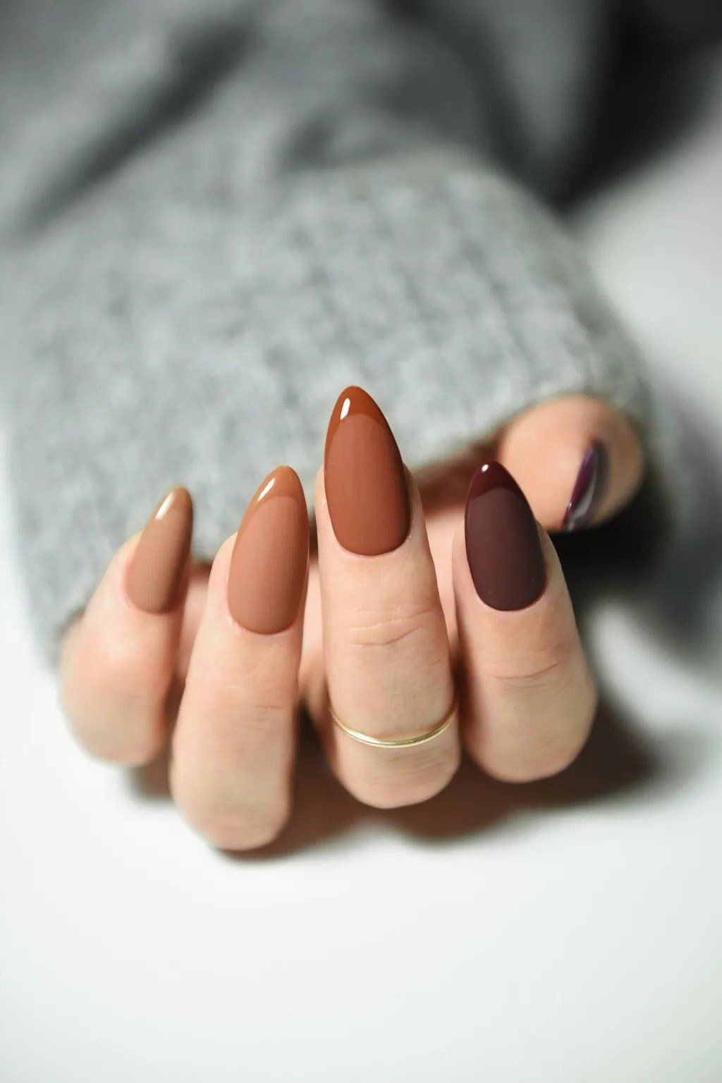 Mauve-Brown Almond Nails, chocolate brown fall nail design for women over 60