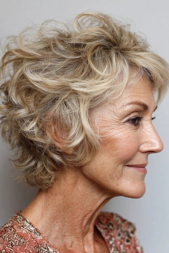 Blonde curly bixie haircut side view for women over 60